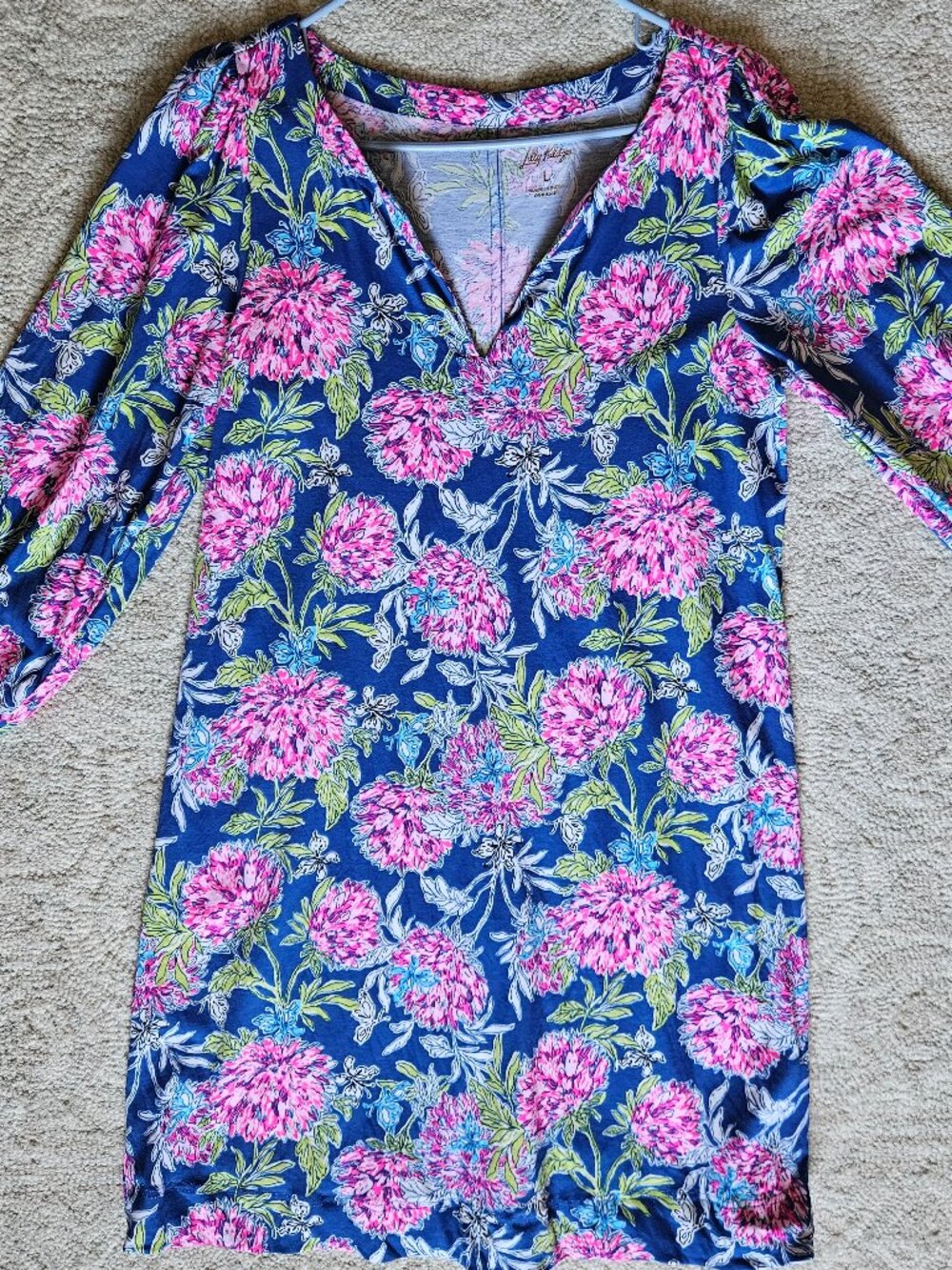 Lilly Pulitzer Cath Dress Blue Pink Floral Large L Long Sleeve Cotton from 2025